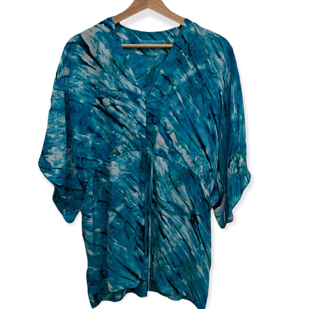 Alice + Olivia Tie Front Watercolor Silk Blouse Hook & Eye Closure Small